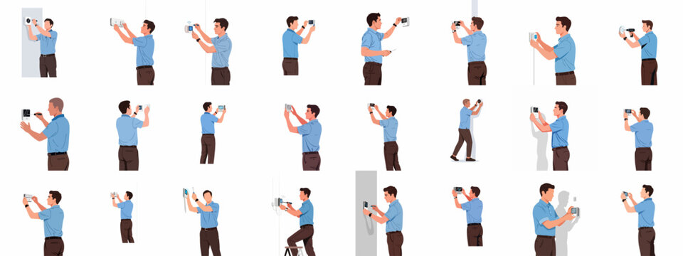 Montage of a man installing and servicing smart home devices, security cameras, and thermostats, illustrating setup and maintenance concepts.