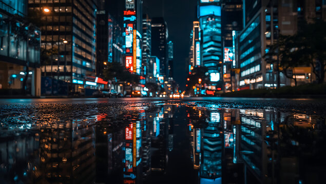 Modern city skyline at night with illuminated skyscrapers and reflections, urban downtown scene showing business, technology and futuristic metropolitan lifestyle