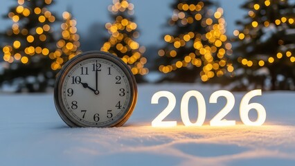 Vintage clock face in snow with illuminated christmas trees and glowing 2026 numbers signifying new year's eve celebration countdown
