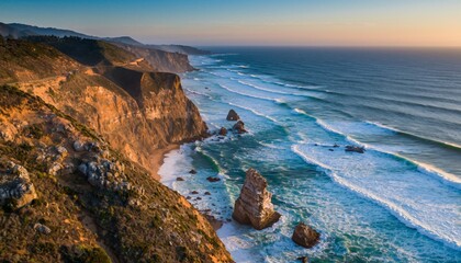 Dramatic Coastal Cliffs Meet Turquoise Ocean Waves at Sunset