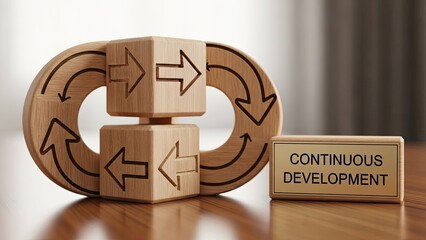 Wooden blocks with arrows and continuous development sign on table