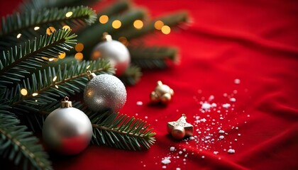 Christmas Flat Lay with Decorative Ornaments and Fir Branches on Red