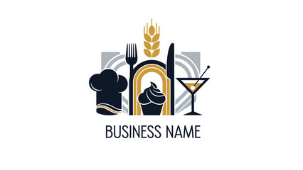 Restaurant logo featuring chefs hat, cutlery, cocktail, and food elements, perfect for branding.