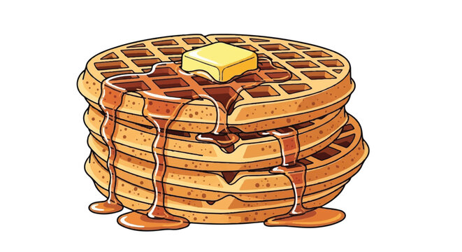 Stack of Breakfast Waffles with Melting Butter and Maple Syrup