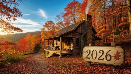 wooden cabin in autumn forest with 2026 sign