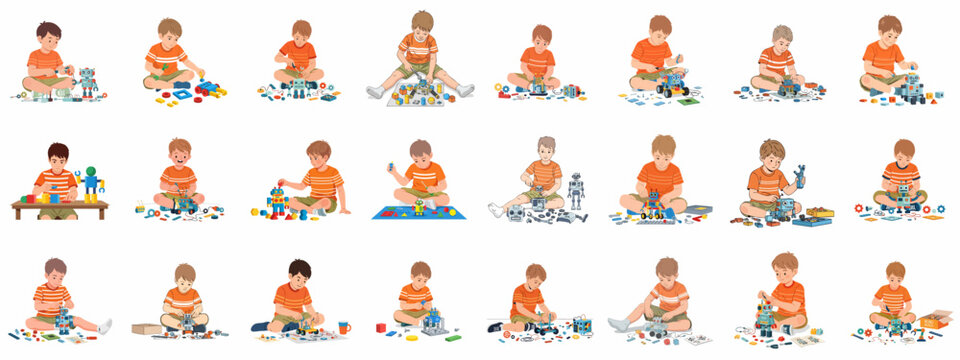 Collection of boys assembling robot toys and mechanical kits, symbolizing creativity, engineering, and STEM education concepts through playful construction.