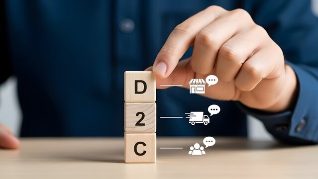 A hand assembling wooden blocks with D2C label for business strategy