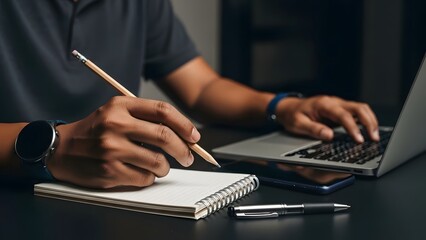 A person taking notes in a notebook while using a laptop and smartphone