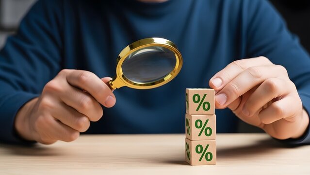 Person examining percentage blocks with a magnifying glass, focusing on interest rates or financial analysis.