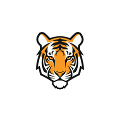 Tiger head illustration with orange and black stripes, focused gaze, white background.