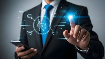 Businessman interacting with virtual interface during a digital meeting