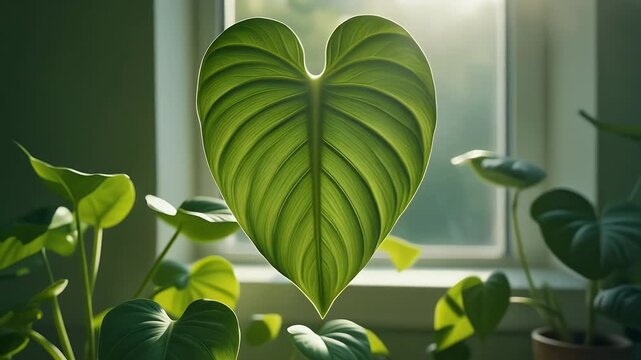 Close Up Of Large Heart Shaped Green Leaf Plant Illuminated By Soft Sunlight Through Window