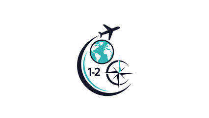 Travel agency logo featuring an airplane, globe, and compass, representing global exploration.