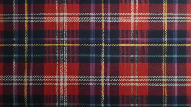 Red Blue Plaid Fabric With Yellow White Lines Detailed Textile Pattern Close Up Shot