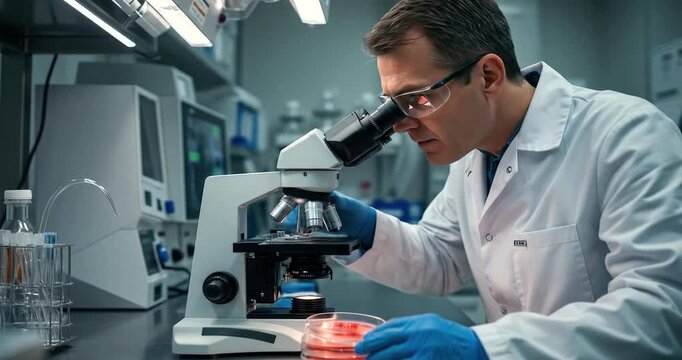 Scientist examines sample under microscope in modern laboratory setting.