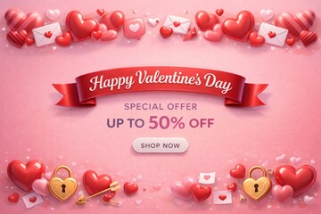 Happy valentine day special offer banner with hearts ribbon and pink background