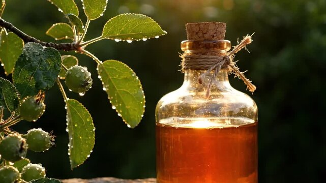 A close-up shot captures a rustic glass bottle filled with a rich amber liquid, sealed with a cork stopper and adorned with natural twine. The bottle sits amidst a vibrant green branch, lush with leav