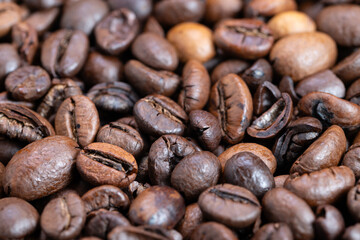 Fototapeta premium Roasted coffee beans, Granular texture of roasted coffee beans for packaging display, Highquality roasted coffee beans with warm hues suitable for branding and presentation