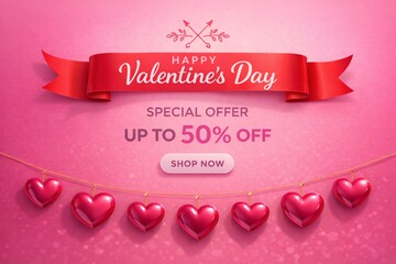 Happy valentine day special offer banner with hanging hearts and pink background
