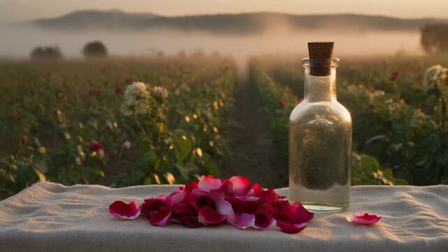 Rose petals and essential oil bottle on a table with a rose field in the background at sunrise.