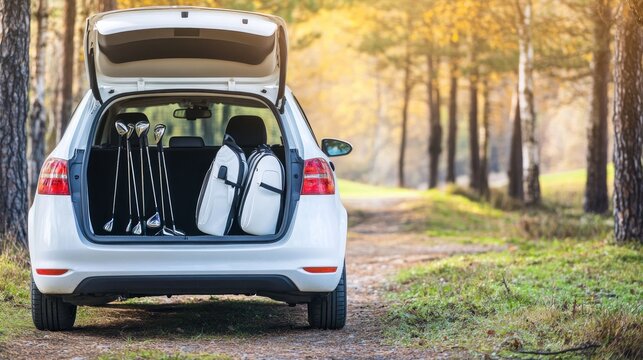 White car trunk, golf clubs