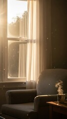 Cozy Morning Scene with Sunlight and Steam in a Warm Room