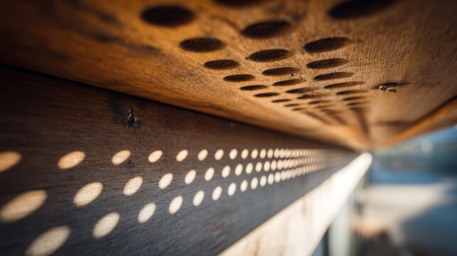soffit. Extreme close-up of wooden soffit with sunlight streaming through holes. real-estate listings, architecture portfolios, designed for real-estate listing and luxury residence showcases.