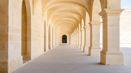 decade. Monastery corridor with repeating stone arches extending into the distance, showcasing architectural symmetry. real-estate listings.
