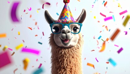 Funny Llama Birthday Celebration with Colorful Party Accessories in 3D Style