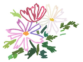 Sketch crayon style modern simple flower art poster or placard collection. Ink, charcoal, pencil or chalk style plants or floral elements drawing. Colorful hand drawn flowers vector illustration set.