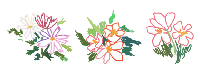 Sketch crayon style modern simple flower art poster or placard collection. Ink, charcoal, pencil or chalk style plants or floral elements drawing. Colorful hand drawn flowers vector illustration set.