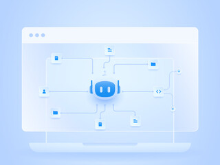 AI workflow automation artificial intelligence. ai agent network diagram dashboard connecting data source, user input, coding, and automation system.
