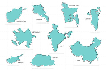 Obraz premium set of line country and shadow in Asia includes afghanistan, armenia, bangladesh, bahrain, azerbaijan, india, cyprus, bhutan, and china.