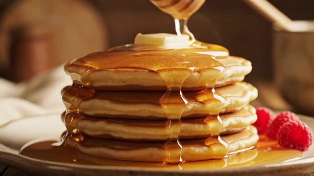 A tall stack of fluffy pancakes being generously drizzled with golden honey and topped with butter for a delicious breakfast.
