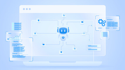 AI workflow automation artificial intelligence. ai agent network diagram dashboard machine learning data processing, document, file and automation system.