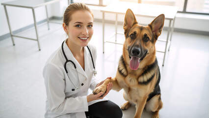 Smiling female veterinarian holding a German Shepherd's paw in a clinic. Professional pet healthcare and animal wellness concept. Female vet in white coat with stethoscope