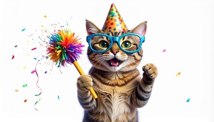 Funny Cat Birthday Celebration with Party Hat and Confetti in 3D Render