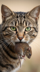 Obraz premium A domestic tabby cat with green eyes holding a caught mouse. Vertical portrait of a natural hunter with its prey.