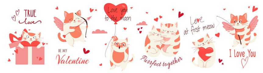 Cartoon set in simple children's style cute loving cats for Valentine's Day Romantic flat vector characters with hearts, cupid elements and gifts for greeting cards, stickers, festive love design