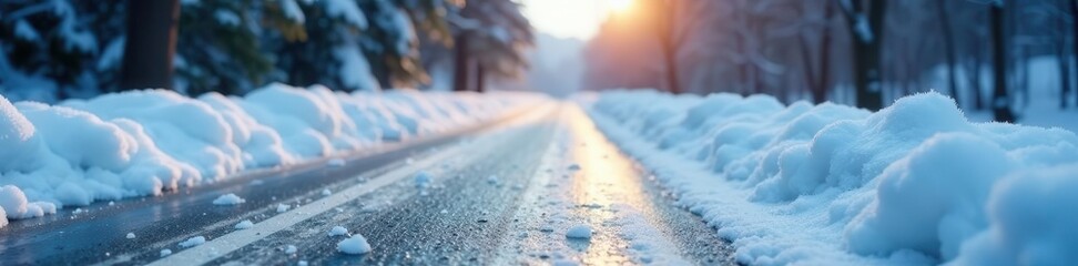 Close-up of snow and ice covered road with caution sign , icy road, alert, snowfall