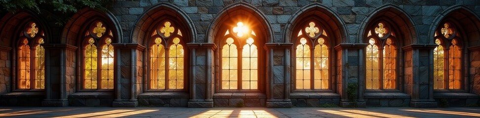 Fototapeta premium Cluster of aged gothic arched windows, weathered stone, atmospheric light , historic, ruin, aesthetic