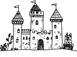 Obraz premium Drawing of a castle with towers and flags in a simple style