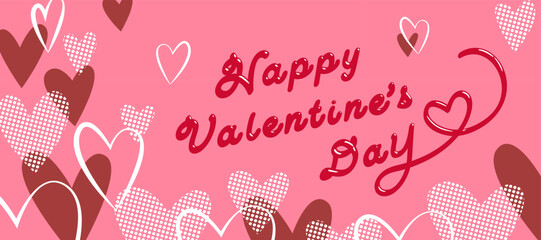 チョコレートのツヤ感がある文字とハートがいっぱいのバレンタインカード　ベクターイラスト