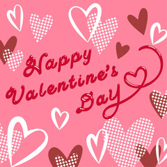 たくさんのハートとチョコレートのような光沢のある文字のバレンタインカード  ベクターイラスト