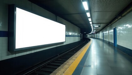 Desolate subway station, huge white blank sign , sign, advertising, urban
