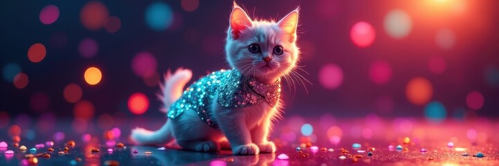 Disco kitten in shimmering sequin outfit Plenty of copy space , feline, joyful