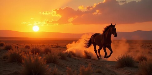 Dusty trail, horse galloping freely across plains, vibrant sunset, plains, Horse