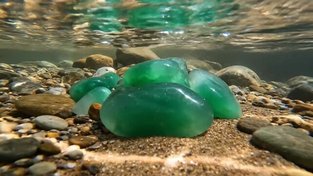 Luminous jadeite stones resting on a sandy riverbed underwater, sunlight refracting through clear green water