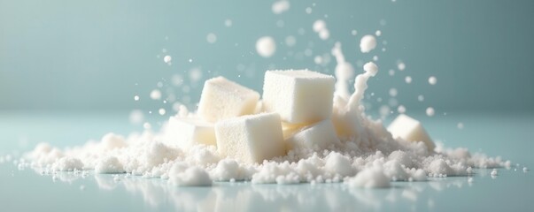 Falling sugar cubes splashing into liquid; sweet dessert ingredient , pure, ingredient