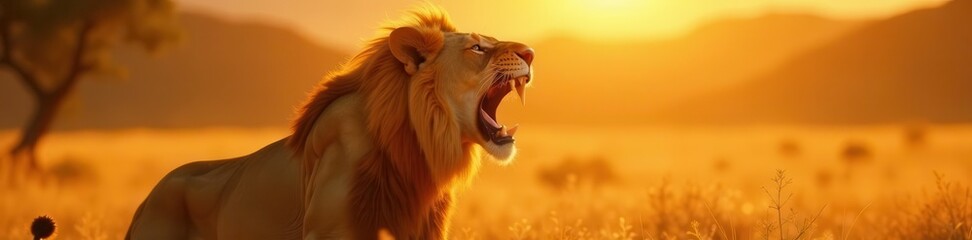 Fierce lion's roar, intense stare, golden mane, sunlit savanna , africa, wild cat, predator